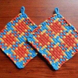 Set of 2 Handmade Artisan Woven Loomed Sunny Morning Potholders Hot Pads Trivets